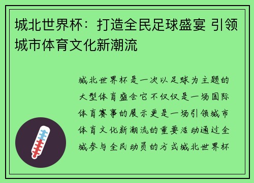 城北世界杯：打造全民足球盛宴 引领城市体育文化新潮流